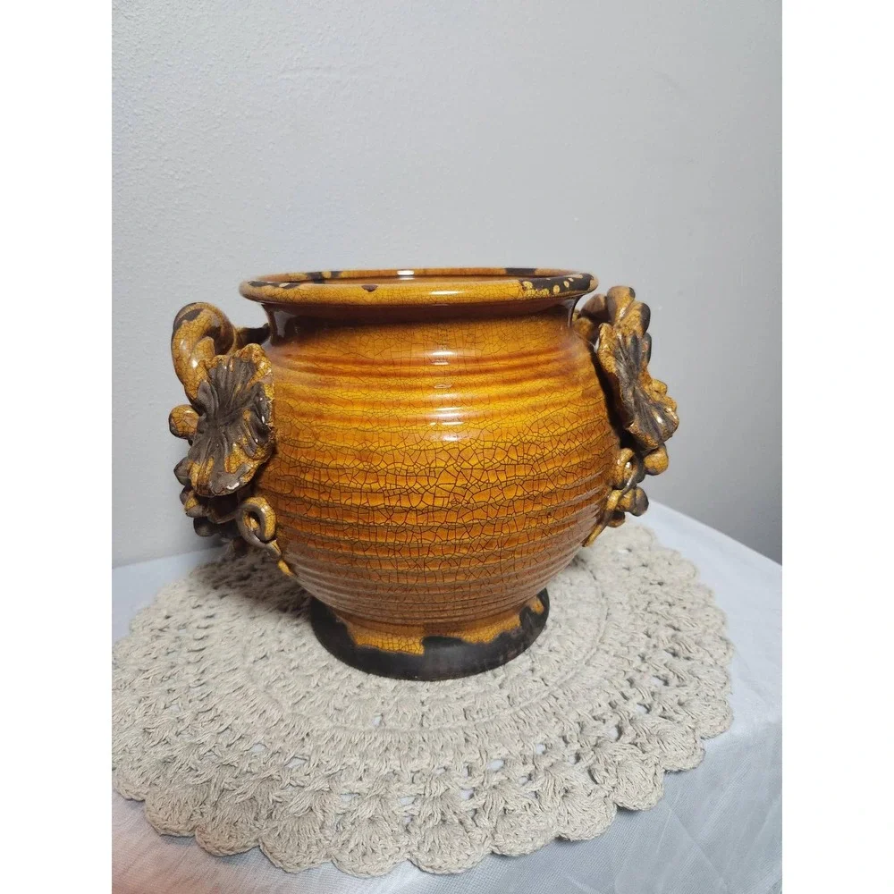 Vintage Ceramic Grape Cluster Centerpiece Pot and Matching Mug Set Amber Gold